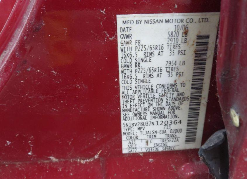 Photo 9 of 2007 Nissan Quest 3.5 S (VIN 5N1BV28U37N120364)