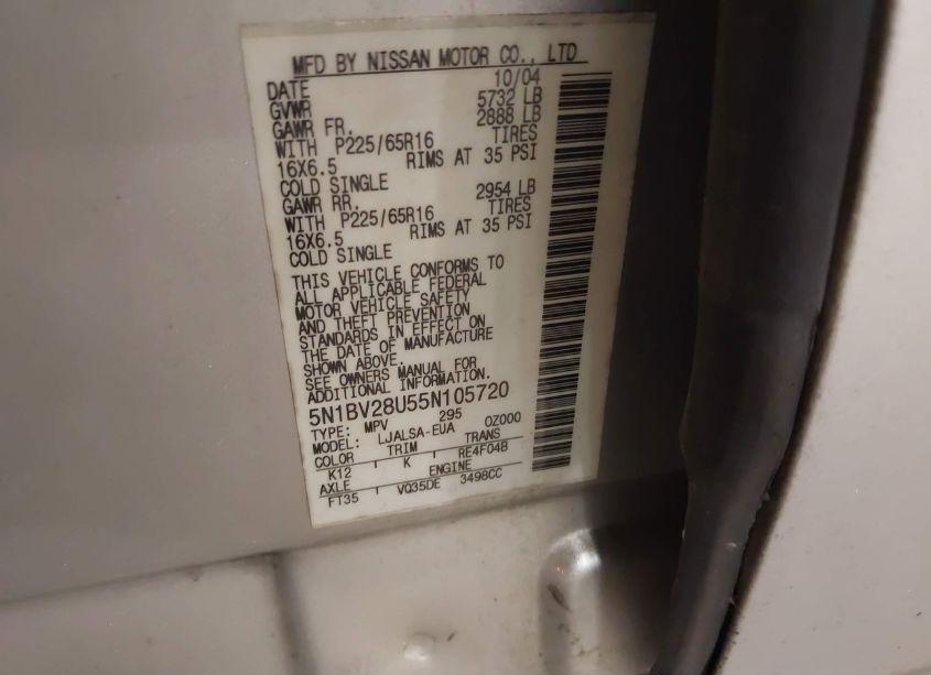 Photo 9 of 2005 Nissan Quest 3.5 (VIN 5N1BV28U55N105720)