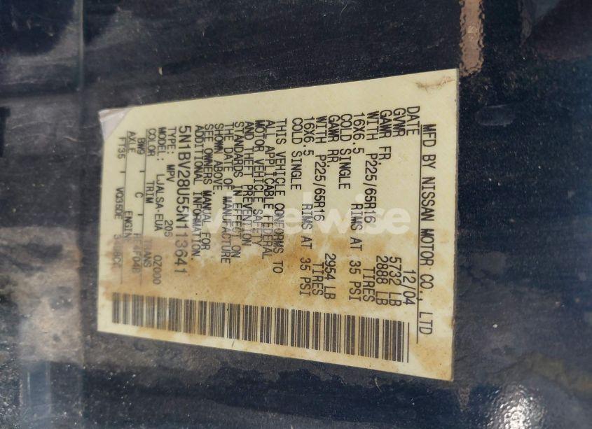 Photo 9 of 2005 Nissan Quest 3.5 S (VIN 5N1BV28U55N113641)