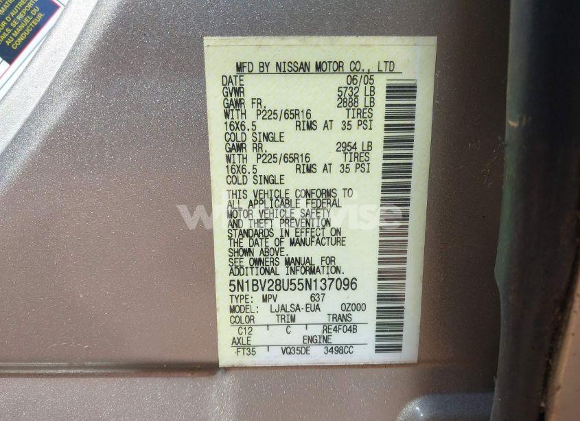 Photo 9 of 2005 Nissan Quest 3.5 (VIN 5N1BV28U55N137096)