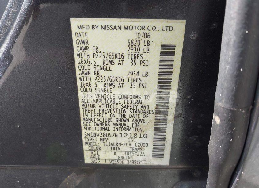 Photo 9 of 2007 Nissan Quest 3.5 (VIN 5N1BV28U57N121810)