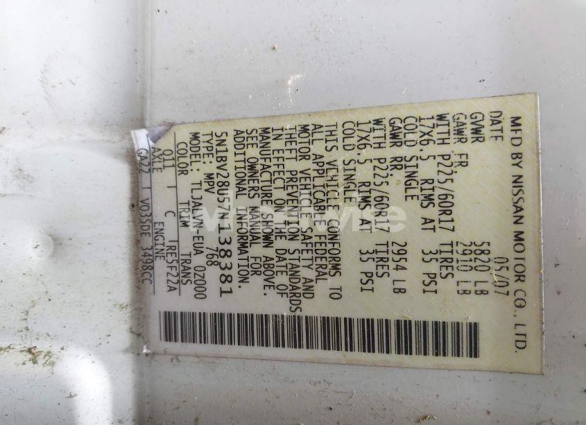 Photo 9 of 2007 Nissan Quest 3.5 SE (VIN 5N1BV28U57N138381)