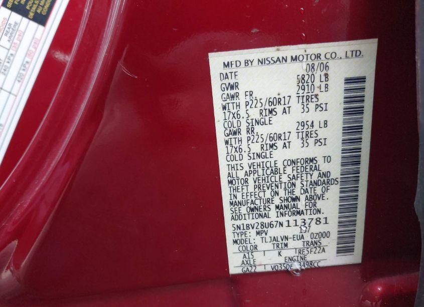 Photo 9 of 2007 Nissan Quest 3.5 SE (VIN 5N1BV28U67N113781)