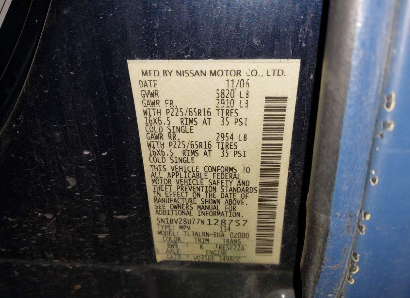 Photo 9 of 2007 Nissan Quest 3.5 (VIN 5N1BV28U77N128757)