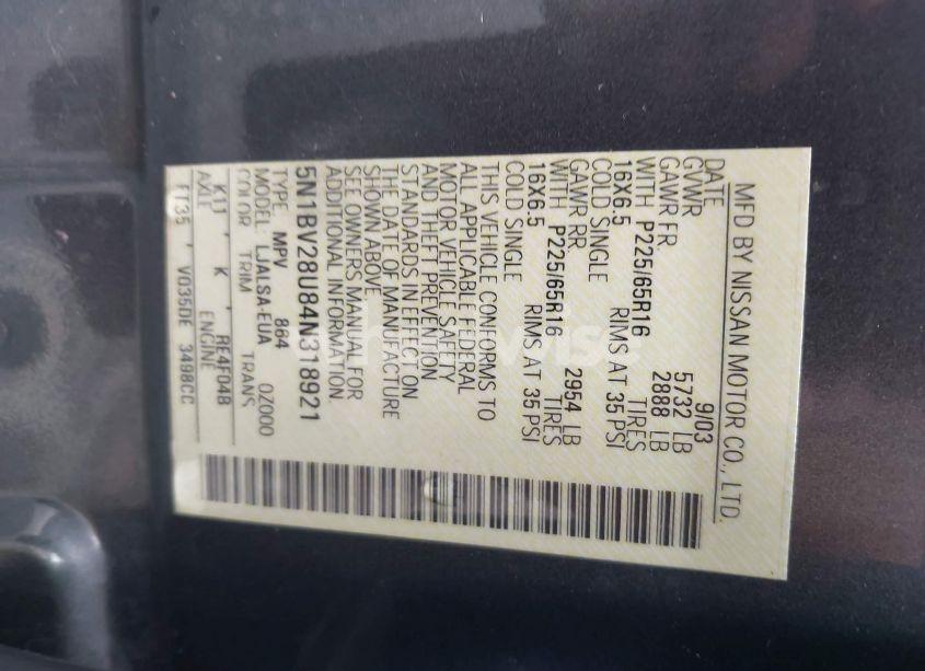 Photo 9 of 2004 Nissan Quest 3.5 S (VIN 5N1BV28U84N318921)