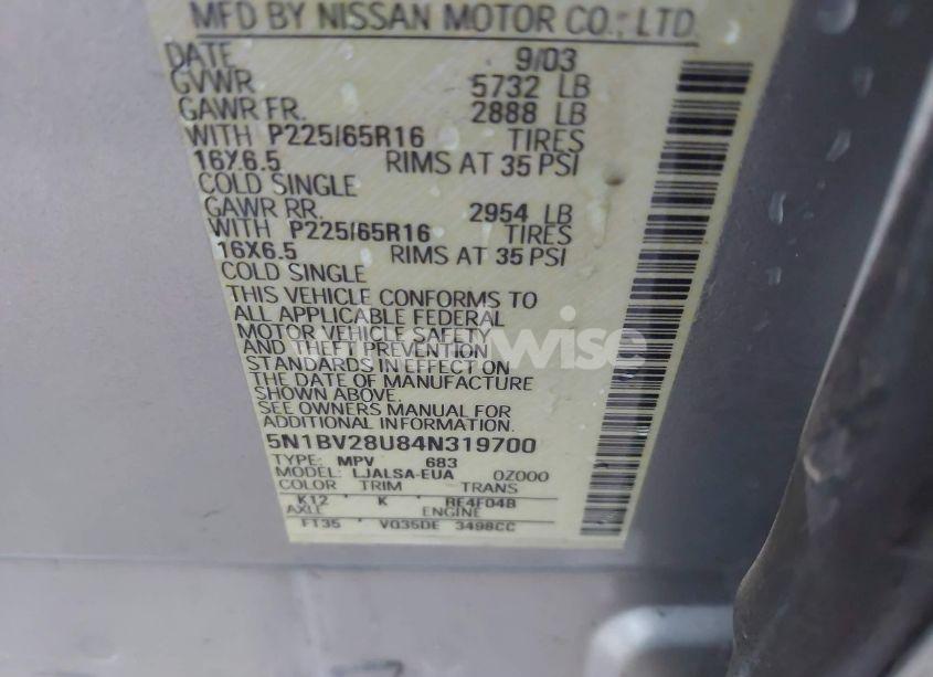 Photo 9 of 2004 Nissan Quest 3.5 S (VIN 5N1BV28U84N319700)