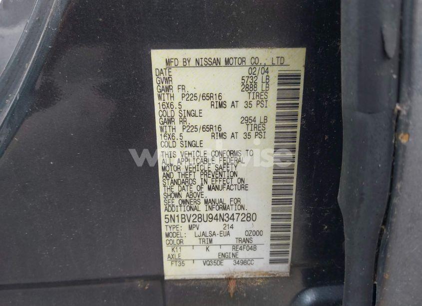 Photo 9 of 2004 Nissan Quest 3.5 S (VIN 5N1BV28U94N347280)