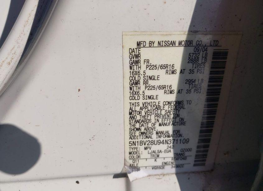 Photo 9 of 2004 Nissan Quest 3.5 S (VIN 5N1BV28U94N371109)