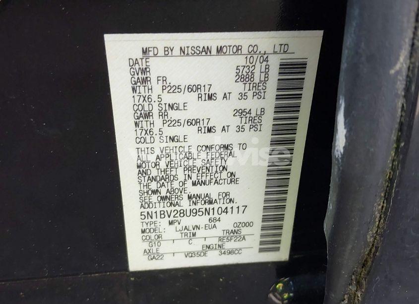 Photo 9 of 2005 Nissan Quest 3.5 SE (VIN 5N1BV28U95N104117)