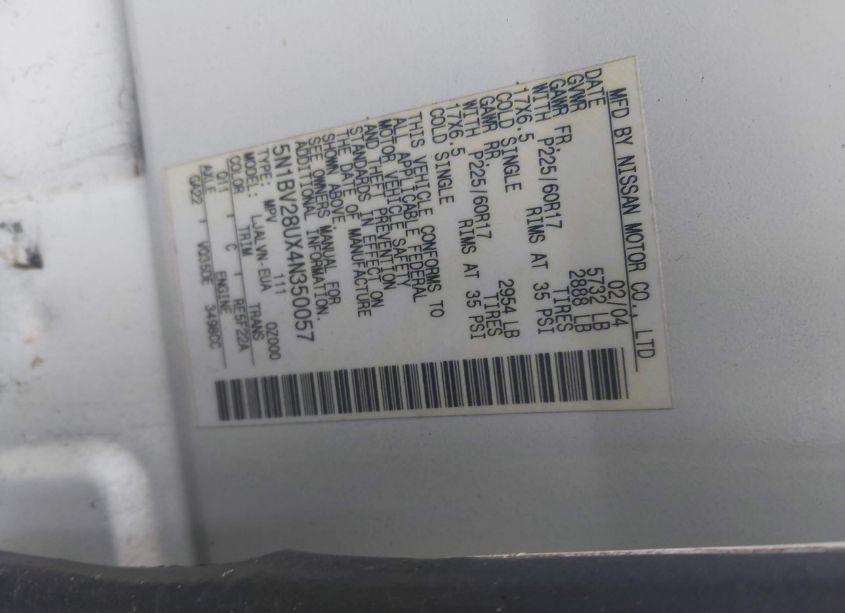 Photo 9 of 2004 Nissan Quest 3.5 SE (VIN 5N1BV28UX4N350057)