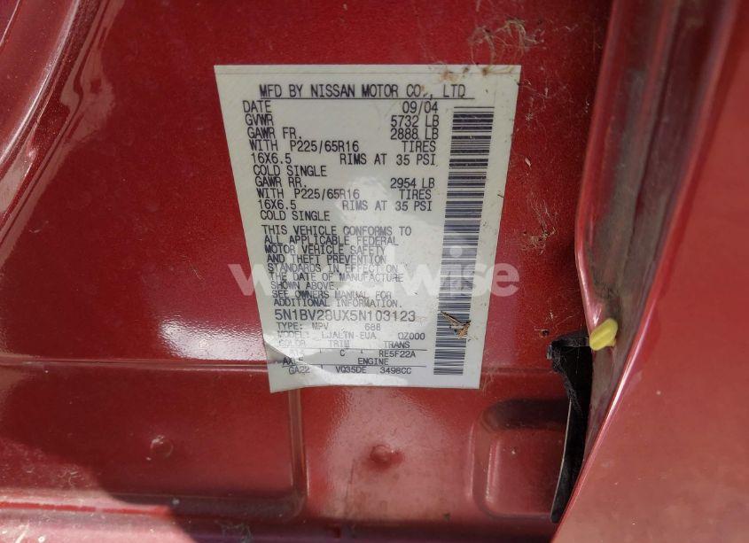 Photo 9 of 2005 Nissan Quest 3.5 SL (VIN 5N1BV28UX5N103123)