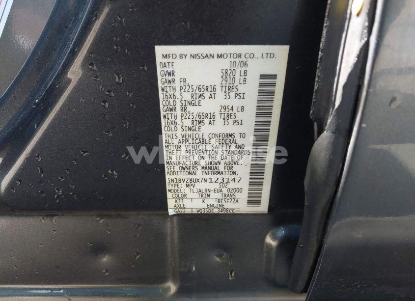 Photo 9 of 2007 Nissan Quest 3.5 (VIN 5N1BV28UX7N123147)