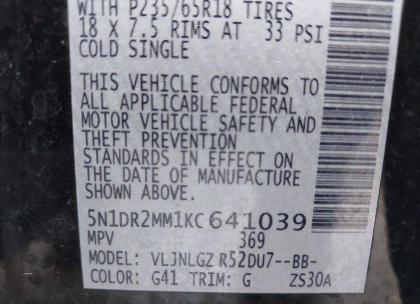 Photo 9 of 2019 Nissan Pathfinder SL (VIN 5N1DR2MM1KC641039)