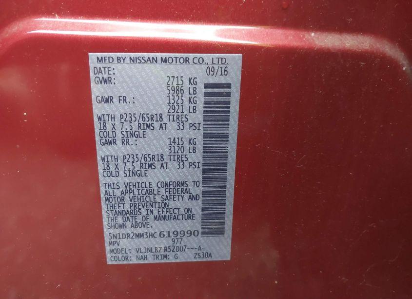 Photo 9 of 2017 Nissan Pathfinder S (VIN 5N1DR2MM3HC619990)