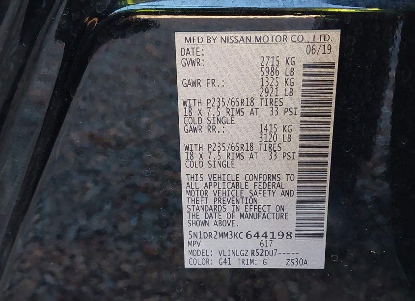 Photo 9 of 2019 Nissan Pathfinder SL (VIN 5N1DR2MM3KC644198)