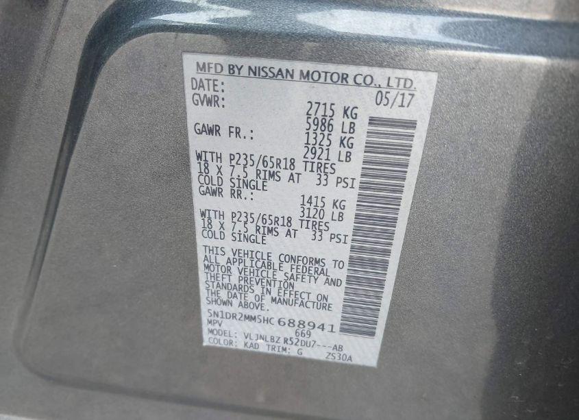 Photo 9 of 2017 Nissan Pathfinder S (VIN 5N1DR2MM5HC688941)