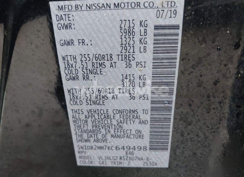 Photo 9 of 2019 Nissan Pathfinder SL (VIN 5N1DR2MM7KC649498)