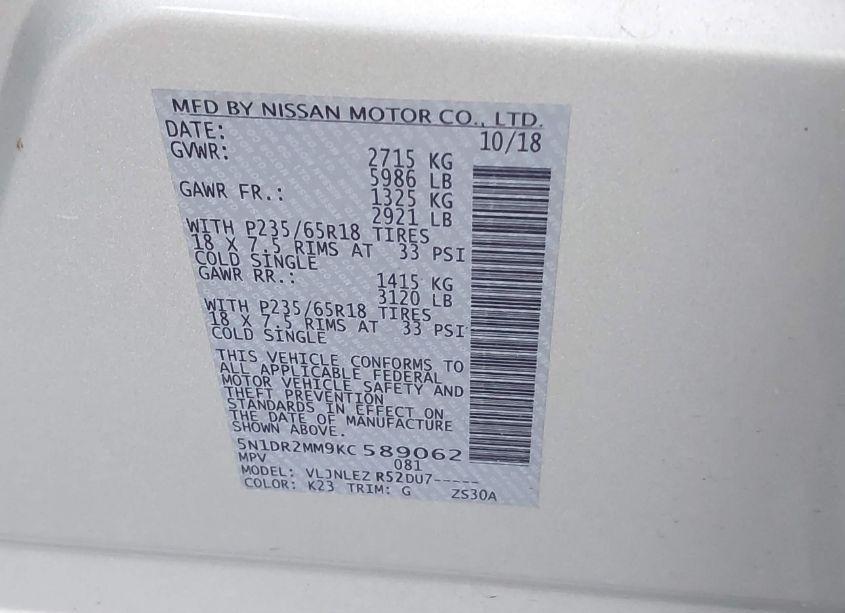 Photo 9 of 2019 Nissan Pathfinder SV (VIN 5N1DR2MM9KC589062)