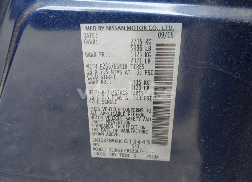 Photo 9 of 2017 Nissan Pathfinder PLATINUM/S/SL/SV (VIN 5N1DR2MMXHC613443)