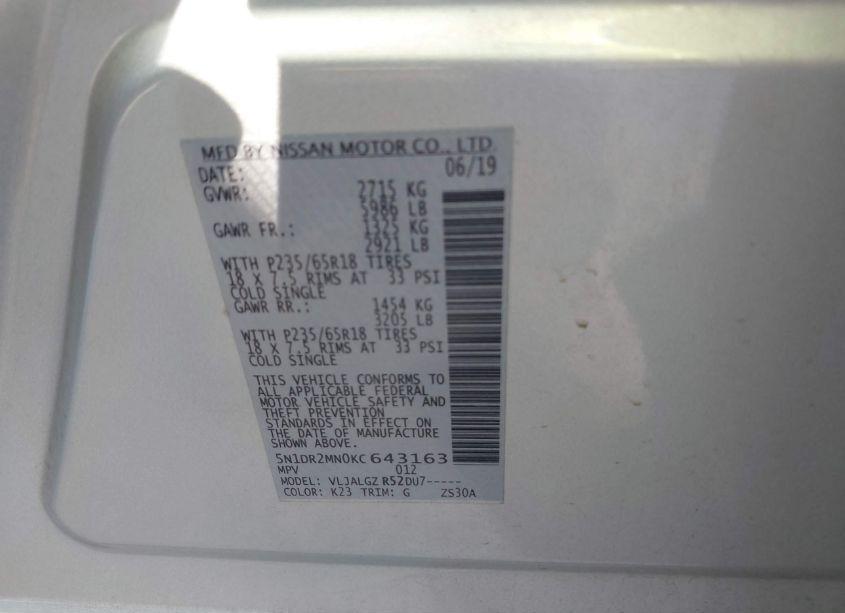 Photo 9 of 2019 Nissan Pathfinder SL (VIN 5N1DR2MN0KC643163)