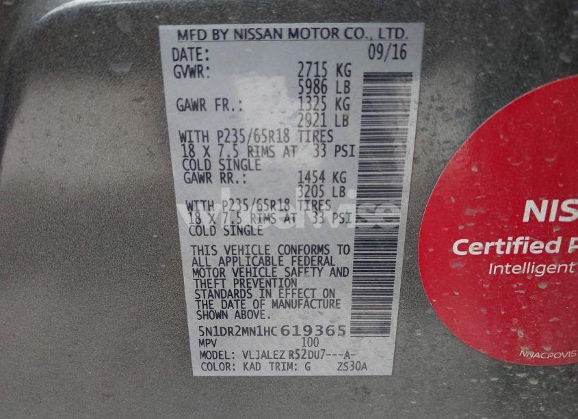 Photo 9 of 2017 Nissan Pathfinder SV (VIN 5N1DR2MN1HC619365)