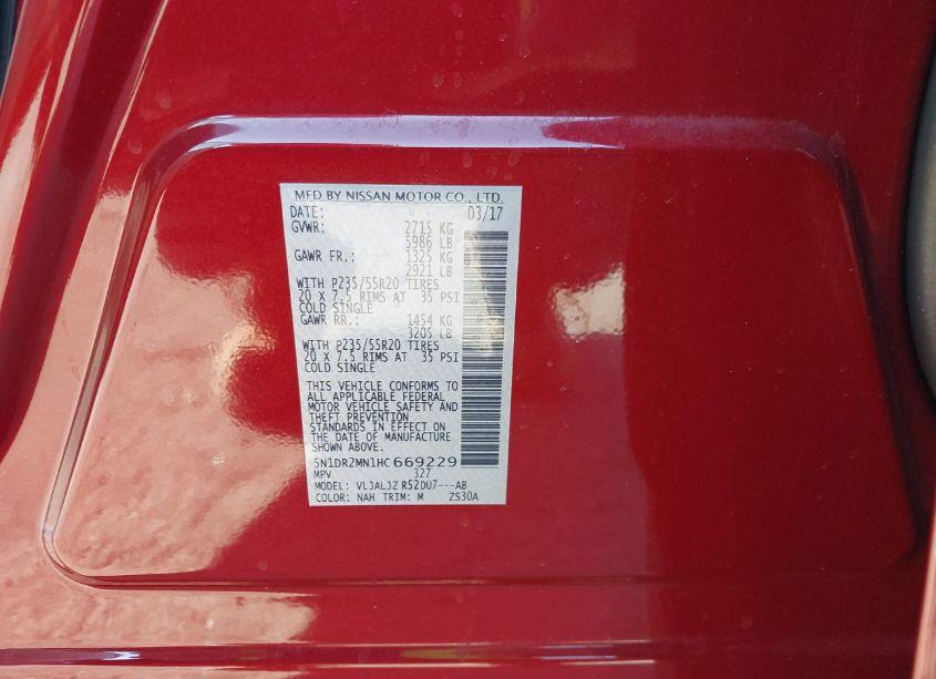 Photo 9 of 2017 Nissan Pathfinder PLATINUM (VIN 5N1DR2MN1HC669229)