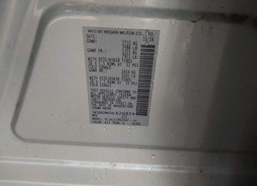 Photo 9 of 2017 Nissan Pathfinder SV (VIN 5N1DR2MN2HC626924)