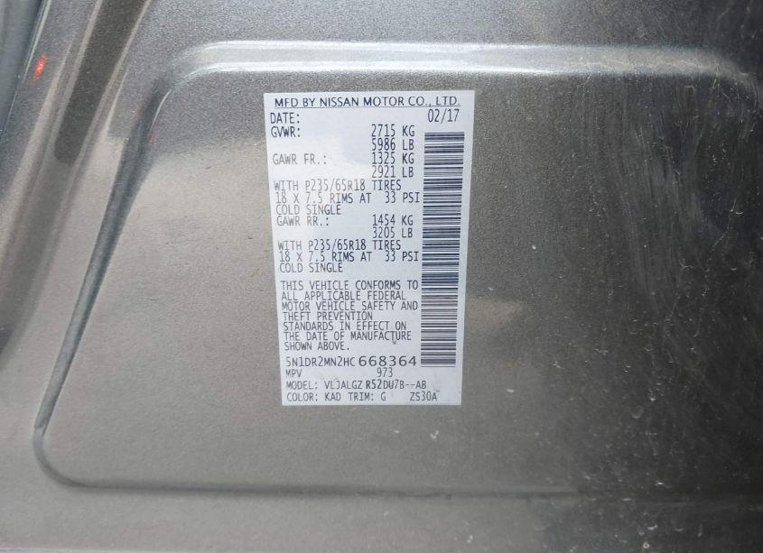 Photo 9 of 2017 Nissan Pathfinder SL (VIN 5N1DR2MN2HC668364)