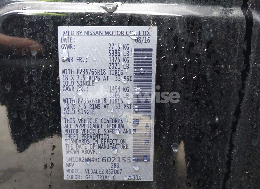 Photo 9 of 2017 Nissan Pathfinder PLATINUM/S/SL/SV (VIN 5N1DR2MN4HC602155)