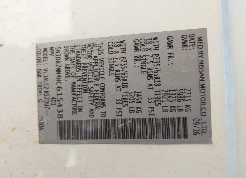 Photo 9 of 2017 Nissan Pathfinder PLATINUM/S/SL/SV (VIN 5N1DR2MN4HC615438)