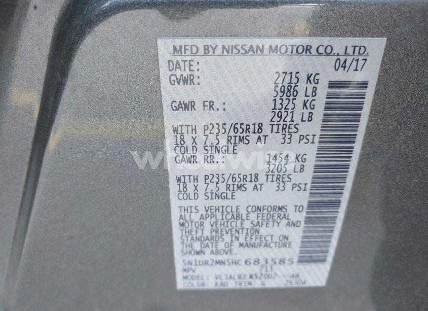 Photo 9 of 2017 Nissan Pathfinder S (VIN 5N1DR2MN5HC683585)