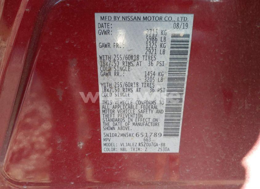 Photo 9 of 2019 Nissan Pathfinder SV (VIN 5N1DR2MN5KC651789)