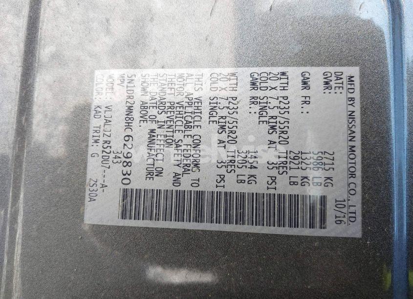 Photo 9 of 2017 Nissan Pathfinder PLATINUM (VIN 5N1DR2MN8HC629830)