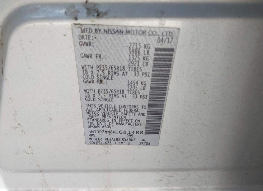 Photo 9 of 2017 Nissan Pathfinder S (VIN 5N1DR2MN8HC681488)