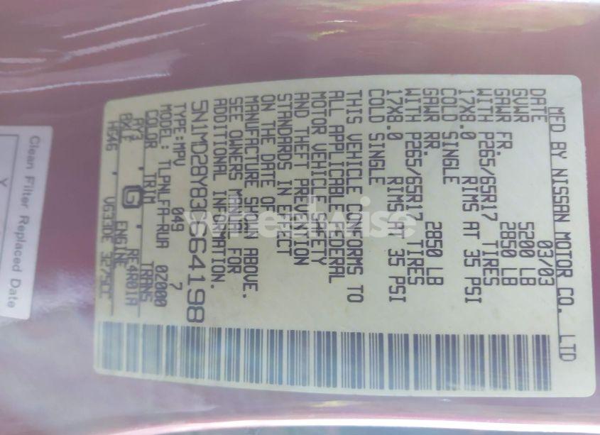 Photo 9 of 2003 Nissan Xterra SE S/C (VIN 5N1MD28Y83C664198)