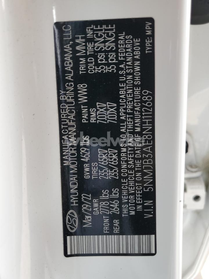 Photo 14 of 2022 HYUNDAI TUCSON SEL (VIN 5NMJB3AE8NH112689)
