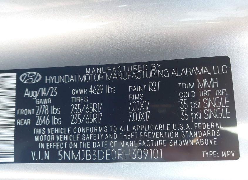 Photo 9 of 2024 Hyundai Tucson SEL (VIN 5NMJB3DE0RH309101)