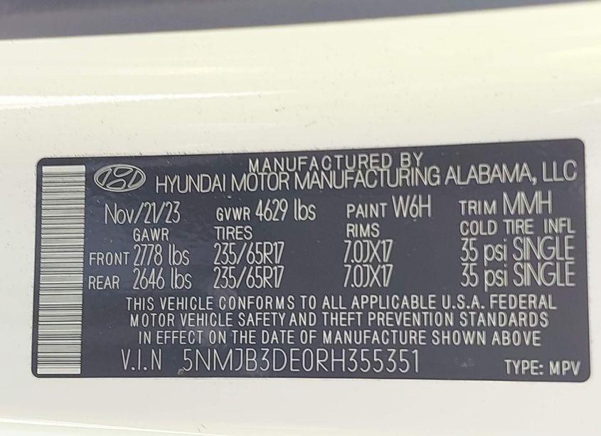 Photo 9 of 2024 Hyundai Tucson SEL (VIN 5NMJB3DE0RH355351)