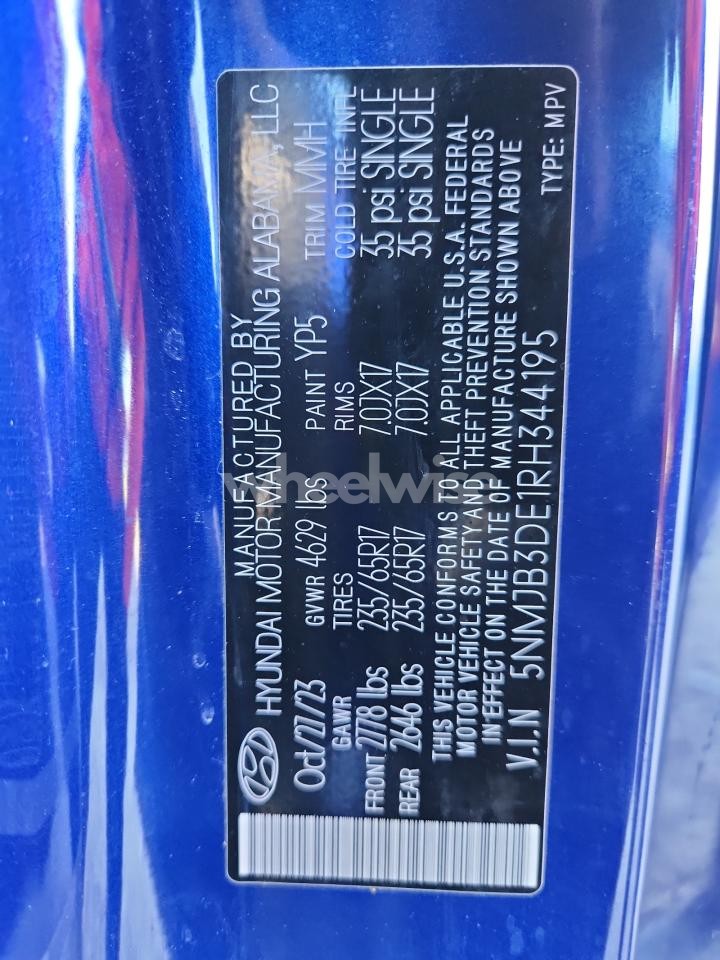 Photo 14 of 2024 HYUNDAI TUCSON SEL (VIN 5NMJB3DE1RH344195)