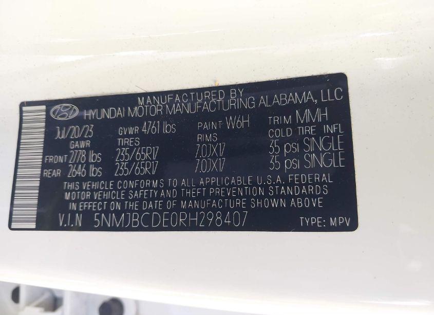 Photo 9 of 2024 Hyundai Tucson SEL (VIN 5NMJBCDE0RH298407)