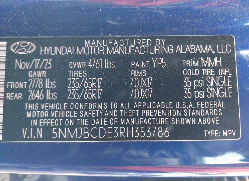 Photo 9 of 2024 Hyundai Tucson SEL (VIN 5NMJBCDE3RH353786)