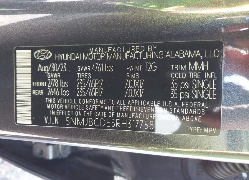 Photo 9 of 2024 Hyundai Tucson SEL (VIN 5NMJBCDE5RH317758)