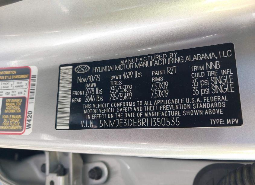 Photo 9 of 2024 Hyundai Tucson LIMITED (VIN 5NMJE3DE8RH350535)