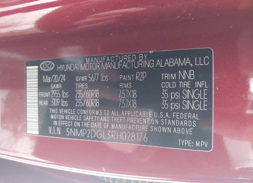 Photo 9 of 2024 Hyundai Santa FE SEL (VIN 5NMP2DGL3RH028176)