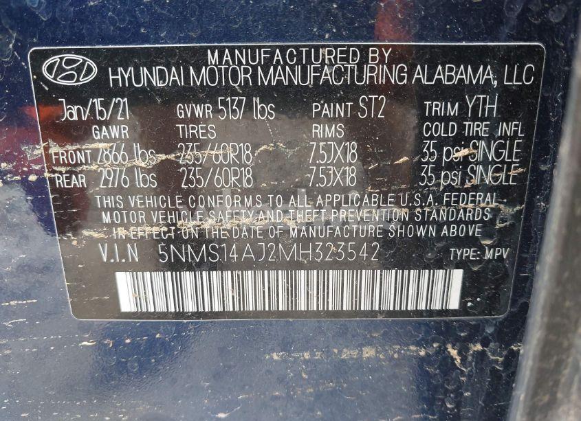 Photo 9 of 2021 Hyundai Santa FE SE (VIN 5NMS14AJ2MH323542)