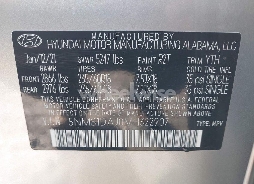 Photo 9 of 2021 Hyundai Santa FE SE (VIN 5NMS1DAJ0MH322907)