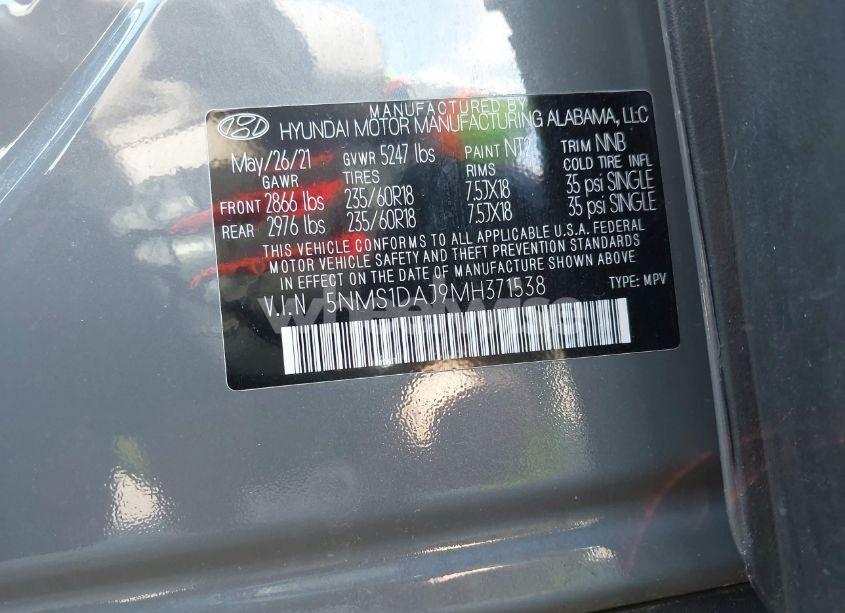 Photo 9 of 2021 Hyundai Santa FE SE (VIN 5NMS1DAJ9MH371538)