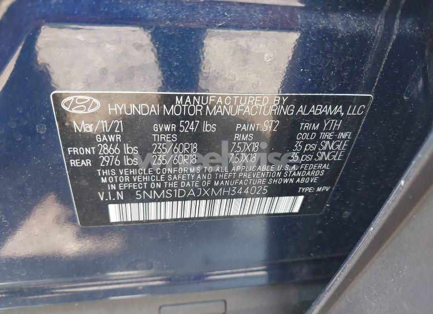 Photo 9 of 2021 Hyundai Santa FE SE (VIN 5NMS1DAJXMH344025)