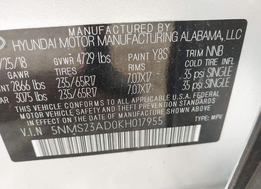 Photo 9 of 2019 Hyundai Santa FE SE (VIN 5NMS23AD0KH017955)