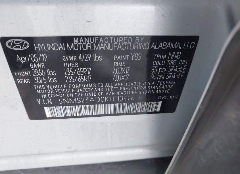 Photo 9 of 2019 Hyundai Santa FE SE (VIN 5NMS23AD0KH110426)